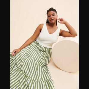 En Saison Cece Mixed Media Midi Dress Size 2X Striped Tiered A-Line Green Boho